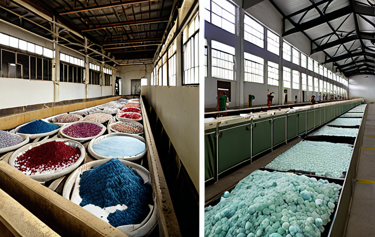 "A side-by-side comparison visualizing the differences between conventional and sustainable textile production. On one side, depict a polluted textile factory with excessive water usage and chemical runoff. On the other side, showcase a modern, eco-friendly facility utilizing natural dyes, recycled materials, and ethical labor practices, emphasizing clean water and minimal waste."