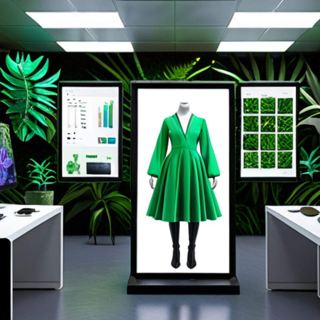 **A futuristic fashion designer uses 3D modeling software to create a virtual garment. Holographic displays showcase AI-driven personalized design options. Lush green plants and recycled material swatches surround the workspace, emphasizing sustainability.** (This prompt focuses on the digital renaissance and personalization aspects, while also incorporating sustainability.)