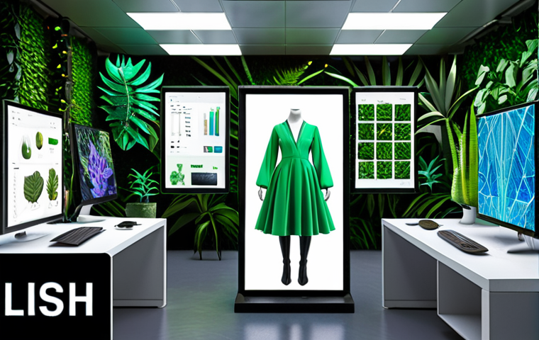 **A futuristic fashion designer uses 3D modeling software to create a virtual garment. Holographic displays showcase AI-driven personalized design options. Lush green plants and recycled material swatches surround the workspace, emphasizing sustainability.** (This prompt focuses on the digital renaissance and personalization aspects, while also incorporating sustainability.)