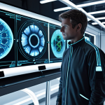 "A thoughtful textile engineer stands amidst a futuristic laboratory, interacting with a glowing, holographic display. The display projects intricate AI-generated textile designs, with subtle visual overlays of global supply chains and ethical considerations. In the background, elements of advanced 3D textile printing hint at minimal waste. The scene is bathed in soft, intelligent light, blending technological innovation with a strong sense of responsibility towards humanity and the planet. Style: Sci-fi, clean, modern, digital art."