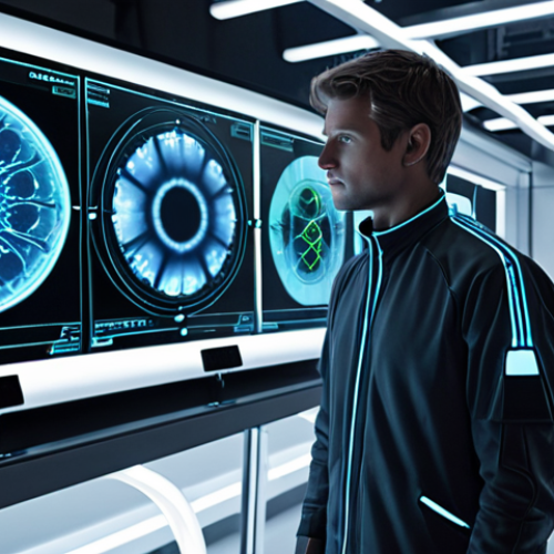 Home 24 "A thoughtful textile engineer stands amidst a futuristic laboratory, interacting with a glowing, holographic display. The display projects intricate AI-generated textile designs, with subtle visual overlays of global supply chains and ethical considerations. In the background, elements of advanced 3D textile printing hint at minimal waste. The scene is bathed in soft, intelligent light, blending technological innovation with a strong sense of responsibility towards humanity and the planet. Style: Sci-fi, clean, modern, digital art."