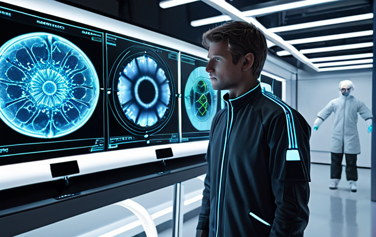 "A thoughtful textile engineer stands amidst a futuristic laboratory, interacting with a glowing, holographic display. The display projects intricate AI-generated textile designs, with subtle visual overlays of global supply chains and ethical considerations. In the background, elements of advanced 3D textile printing hint at minimal waste. The scene is bathed in soft, intelligent light, blending technological innovation with a strong sense of responsibility towards humanity and the planet. Style: Sci-fi, clean, modern, digital art."