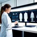 A focused professional female textile engineer in a clean, modest lab coat over professional dress, standing in a brightly lit, modern research and development lab. She is examining smart textile samples on a sleek workbench. In the background, large digital screens display intricate data visualizations of textile properties and AI algorithms, alongside a 3D printer creating a fabric prototype. The scene emphasizes technological advancement and innovative material science. Perfect anatomy, natural pose, well-formed hands, correct proportions. Professional photography, high resolution, soft studio lighting. Fully clothed, appropriate attire, safe for work, professional, family-friendly content.