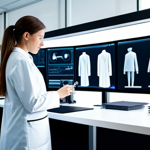 Home 22 A focused professional female textile engineer in a clean, modest lab coat over professional dress, standing in a brightly lit, modern research and development lab. She is examining smart textile samples on a sleek workbench. In the background, large digital screens display intricate data visualizations of textile properties and AI algorithms, alongside a 3D printer creating a fabric prototype. The scene emphasizes technological advancement and innovative material science. Perfect anatomy, natural pose, well-formed hands, correct proportions. Professional photography, high resolution, soft studio lighting. Fully clothed, appropriate attire, safe for work, professional, family-friendly content.