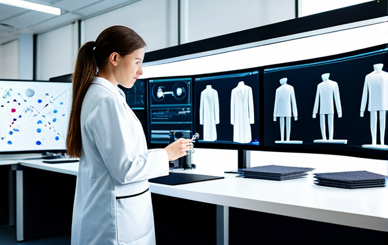 A focused professional female textile engineer in a clean, modest lab coat over professional dress, standing in a brightly lit, modern research and development lab. She is examining smart textile samples on a sleek workbench. In the background, large digital screens display intricate data visualizations of textile properties and AI algorithms, alongside a 3D printer creating a fabric prototype. The scene emphasizes technological advancement and innovative material science. Perfect anatomy, natural pose, well-formed hands, correct proportions. Professional photography, high resolution, soft studio lighting. Fully clothed, appropriate attire, safe for work, professional, family-friendly content.