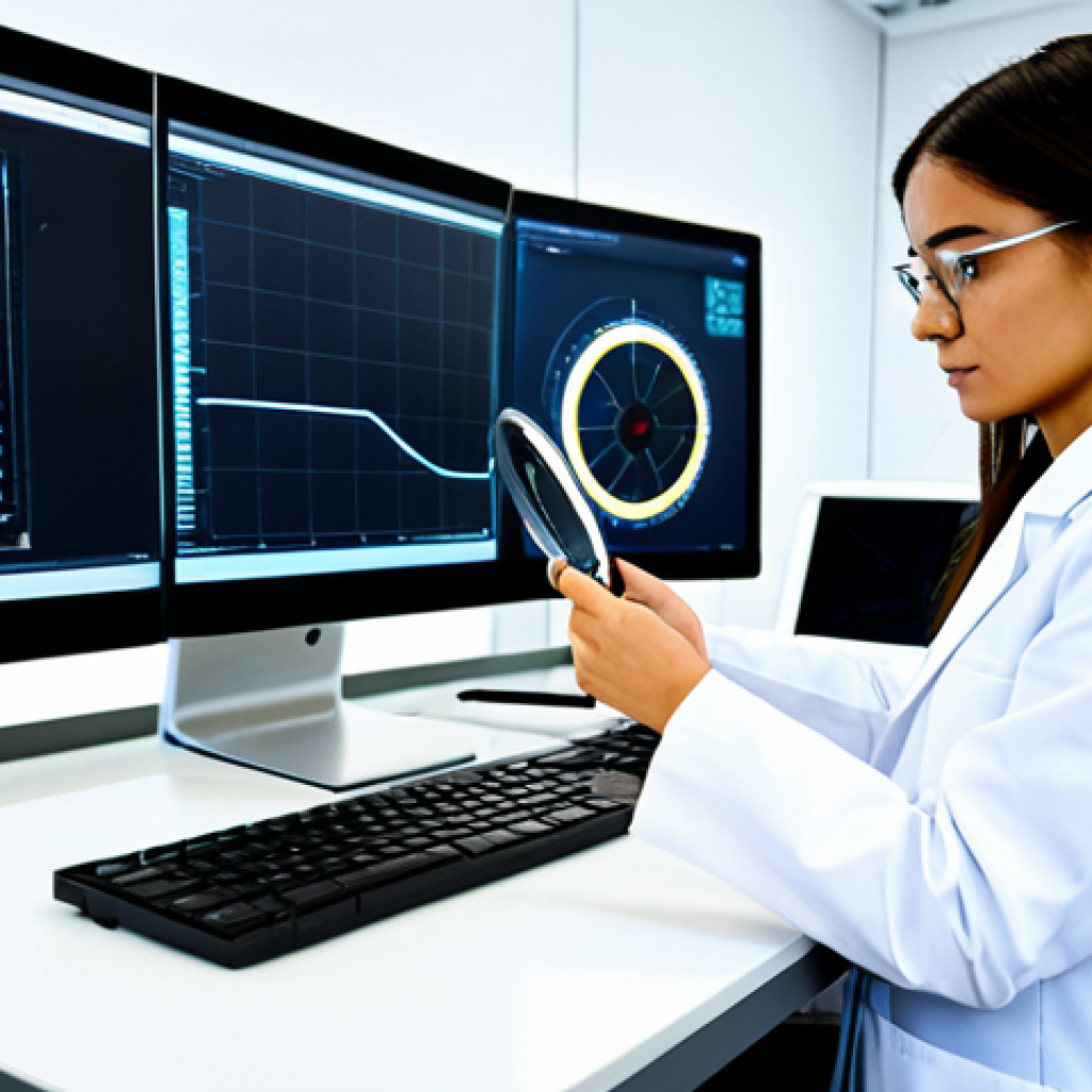 A focused female textile engineer, in a modest professional lab coat over appropriate business casual attire, is meticulously examining an advanced smart textile sample under a magnifying glass in a bright, modern research laboratory. The background features sleek digital displays showing data visualizations of textile properties and futuristic machinery, with prototypes of innovative fabrics. The overall atmosphere is one of cutting-edge technology and precision. safe for work, appropriate content, fully clothed, professional dress, perfect anatomy, correct proportions, natural pose, well-formed hands, proper finger count, natural body proportions, high-resolution, sharp focus, professional photography.