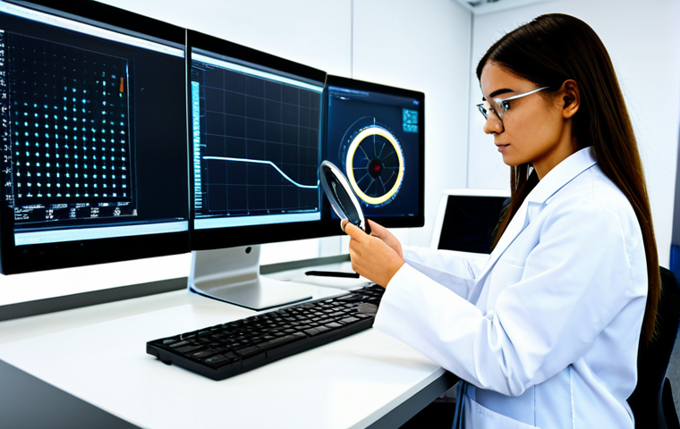 A focused female textile engineer, in a modest professional lab coat over appropriate business casual attire, is meticulously examining an advanced smart textile sample under a magnifying glass in a bright, modern research laboratory. The background features sleek digital displays showing data visualizations of textile properties and futuristic machinery, with prototypes of innovative fabrics. The overall atmosphere is one of cutting-edge technology and precision. safe for work, appropriate content, fully clothed, professional dress, perfect anatomy, correct proportions, natural pose, well-formed hands, proper finger count, natural body proportions, high-resolution, sharp focus, professional photography.