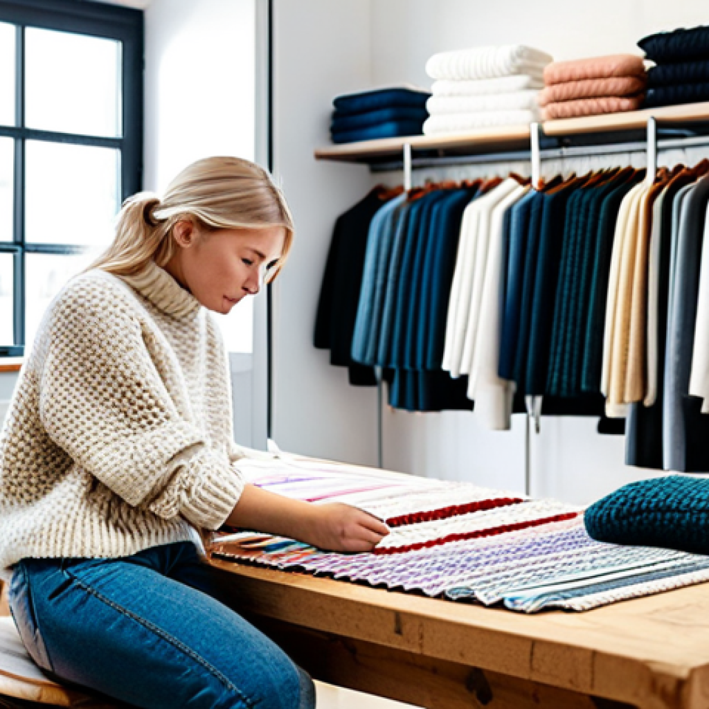 **
"A bright and airy workshop filled with natural light. A young, stylish woman with blonde hair, wearing a cozy, oversized knitted sweater and jeans, is carefully examining different fabric swatches spread out on a large wooden table. Focus on texture and detail. In the background, you see shelves filled with colorful yarns and sewing equipment. Scandinavian design elements, minimalist, hygge atmosphere. Safe for work. Appropriate content. Fully clothed. Professional photography, high quality, perfect anatomy, natural proportions, modest. "
**