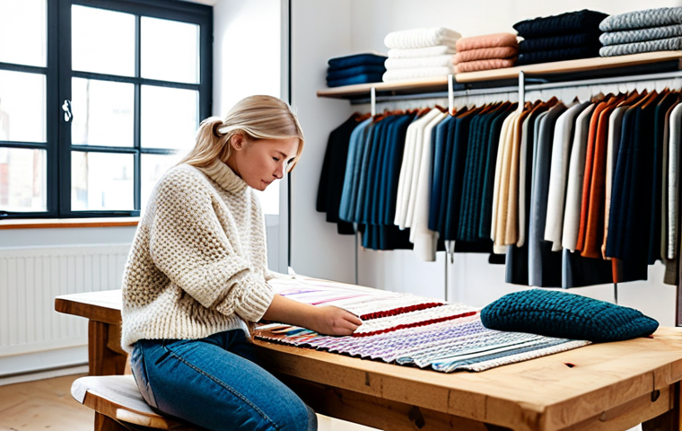 **
"A bright and airy workshop filled with natural light. A young, stylish woman with blonde hair, wearing a cozy, oversized knitted sweater and jeans, is carefully examining different fabric swatches spread out on a large wooden table. Focus on texture and detail. In the background, you see shelves filled with colorful yarns and sewing equipment. Scandinavian design elements, minimalist, hygge atmosphere. Safe for work. Appropriate content. Fully clothed. Professional photography, high quality, perfect anatomy, natural proportions, modest. "
**