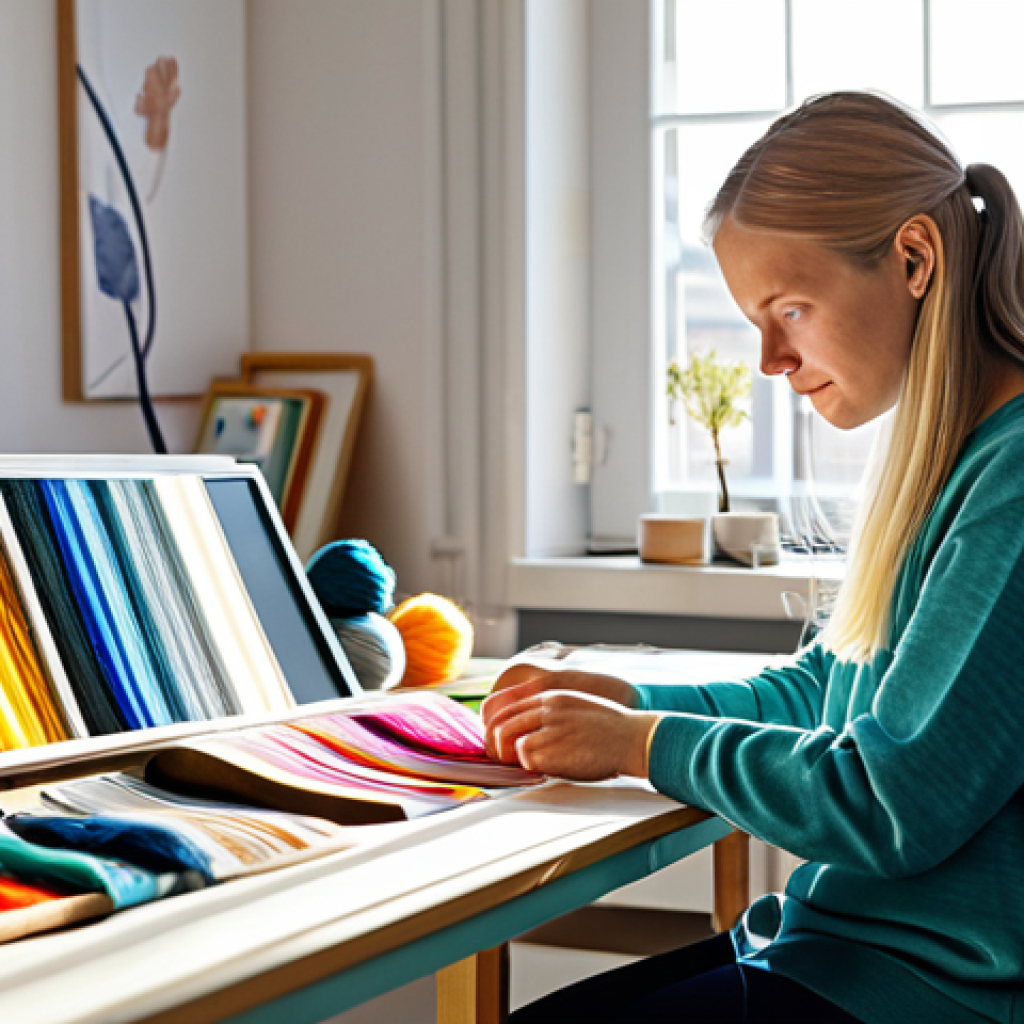 **
"A young Swedish textile designer in a bright, modern studio, surrounded by colorful yarn and fabric samples, working on a digital design on a large screen. She is wearing modest, stylish clothing. Sunlight streams through the window. In the background, a 3D printer is creating a small textile accessory. Perfect anatomy, well-formed hands, correct proportions, natural pose, fully clothed, appropriate attire, safe for work, family-friendly, professional photography, high quality."
**