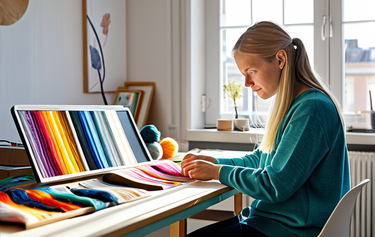 **
"A young Swedish textile designer in a bright, modern studio, surrounded by colorful yarn and fabric samples, working on a digital design on a large screen. She is wearing modest, stylish clothing. Sunlight streams through the window. In the background, a 3D printer is creating a small textile accessory. Perfect anatomy, well-formed hands, correct proportions, natural pose, fully clothed, appropriate attire, safe for work, family-friendly, professional photography, high quality."
**