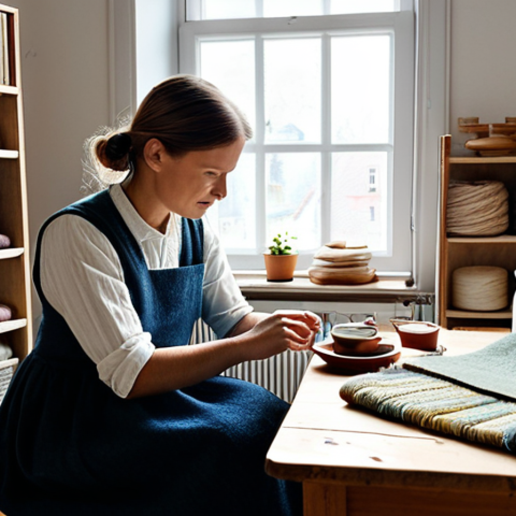 Sustainable Textile Crafting**
"A cozy, sunlit Swedish home studio, featuring a woman in her 30s, fully clothed in modest, comfortable clothing, working on a weaving project with naturally dyed wool yarns. The loom is handcrafted, and there are shelves filled with colorful textiles, yarn spools, and vintage sewing notions. A cup of coffee sits nearby. Soft, diffused light, safe for work, appropriate content, family-friendly, perfect anatomy, correct proportions, natural pose, well-formed hands, proper finger count, natural body proportions, professional."
**