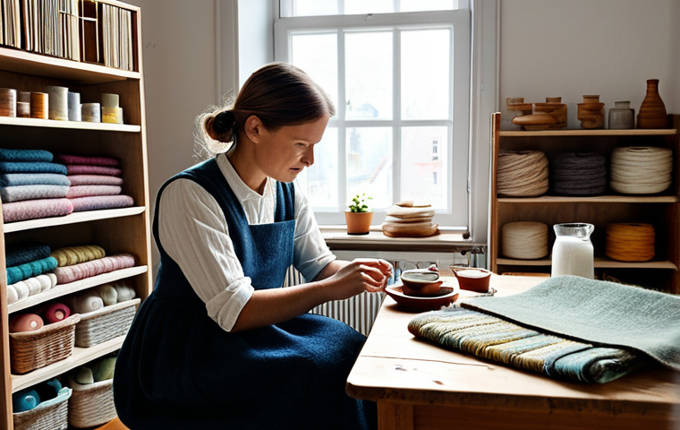 Sustainable Textile Crafting**
"A cozy, sunlit Swedish home studio, featuring a woman in her 30s, fully clothed in modest, comfortable clothing, working on a weaving project with naturally dyed wool yarns. The loom is handcrafted, and there are shelves filled with colorful textiles, yarn spools, and vintage sewing notions. A cup of coffee sits nearby. Soft, diffused light, safe for work, appropriate content, family-friendly, perfect anatomy, correct proportions, natural pose, well-formed hands, proper finger count, natural body proportions, professional."
**