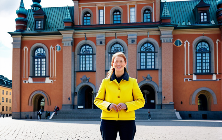 Modern Architect in Stockholm**
"A confident female architect, fully clothed in a stylish yet modest Scandinavian design outfit, standing in front of the Stockholm City Hall, professional attire, safe for work, perfect anatomy, natural proportions, daylight, architectural photography, high quality, appropriate content, family-friendly."
**
