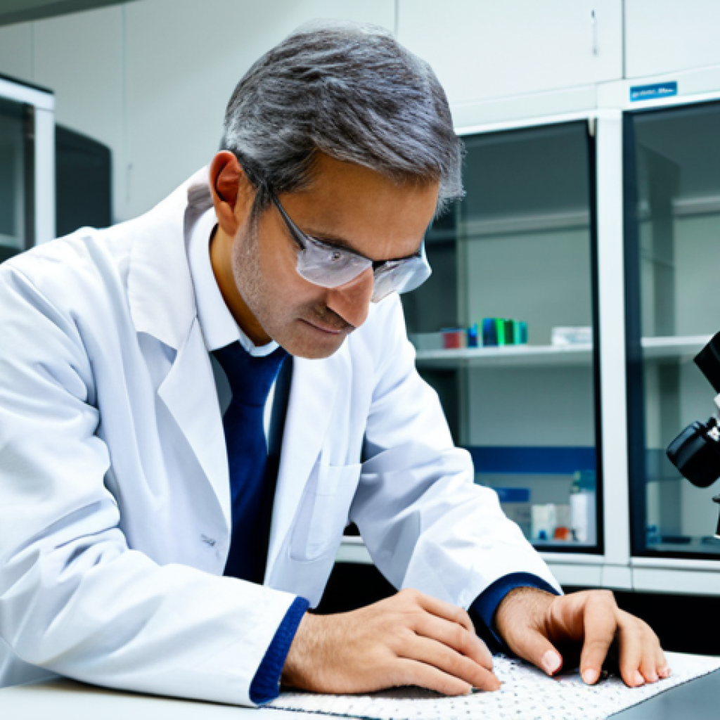 섬유기사와 시험 대비 자료 찾기 - **Prompt:** A textile engineer in a clean, modern laboratory, examining a swatch of sustainable fabr...