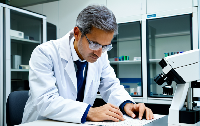 섬유기사와 시험 대비 자료 찾기 - **Prompt:** A textile engineer in a clean, modern laboratory, examining a swatch of sustainable fabr...