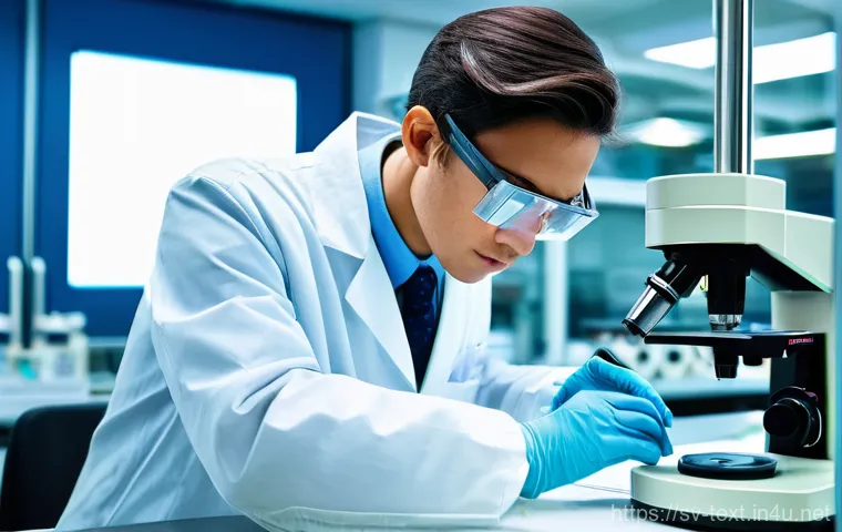 섬유기사 실기시험 시뮬레이션 사례 - **Prompt 1: Precision in Fiber Analysis**
"A diligent young textile engineer, wearing a clean wh...