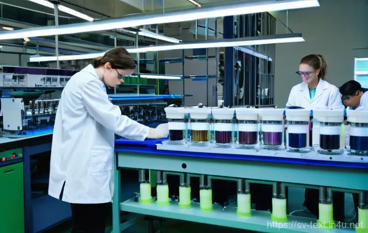 섬유기사 실기시험의 중요성 - **Prompt:** A dynamic, brightly lit scene inside a modern Swedish university textile lab. A diverse ...