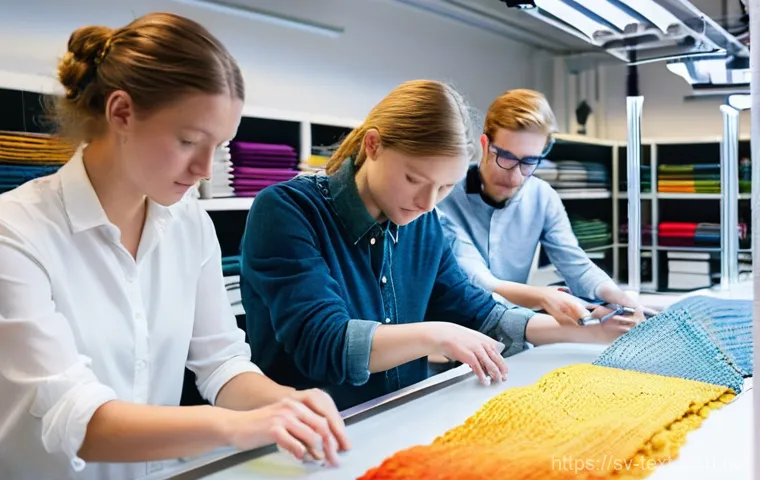 섬유기사 시험 난이도 - **A bustling and brightly lit textile innovation laboratory at Textilhögskolan (The Swedish School o...
