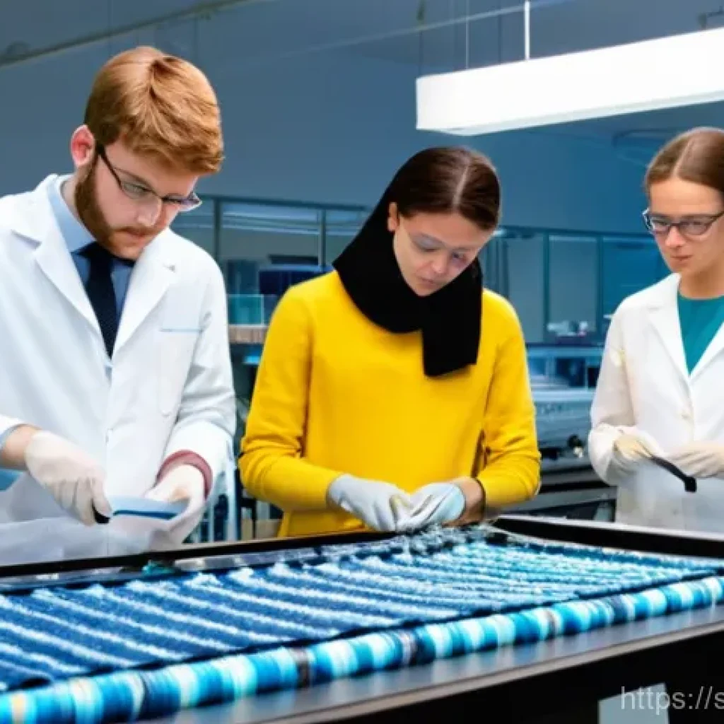섬유기사 국가시험 준비 방법 - **Prompt: "A dynamic, brightly lit modern textile laboratory at a university in Borås, Sweden. Sever...