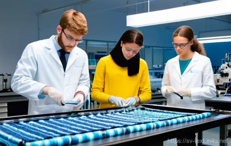 섬유기사 국가시험 준비 방법 - **Prompt: "A dynamic, brightly lit modern textile laboratory at a university in Borås, Sweden. Sever...