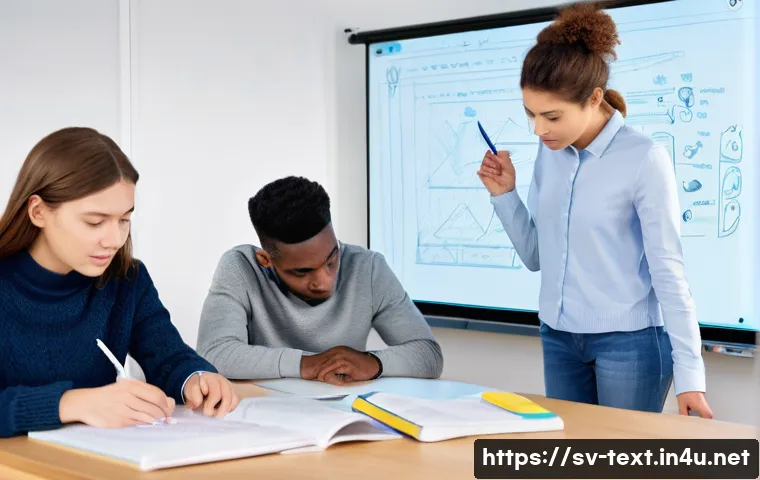섬유기사 시험 준비 스터디 모임 - **"Collaborative Problem-Solving in a Modern Study Hub"**
A group of four diverse university stu...