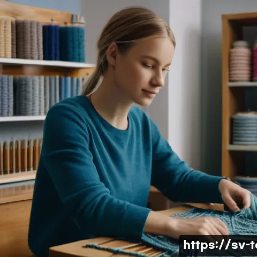 섬유기사 독학 가능성 - A modern Swedish textile workshop scene featuring a young adult woman wearing casual clothing and wo...