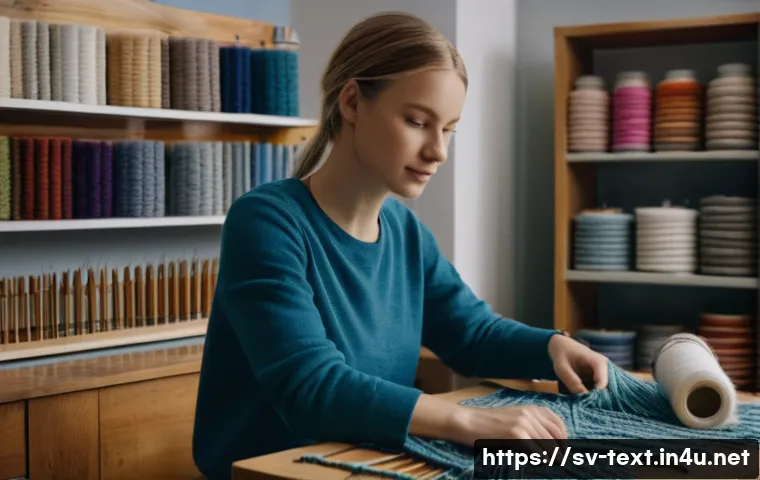 섬유기사 독학 가능성 - A modern Swedish textile workshop scene featuring a young adult woman wearing casual clothing and wo...