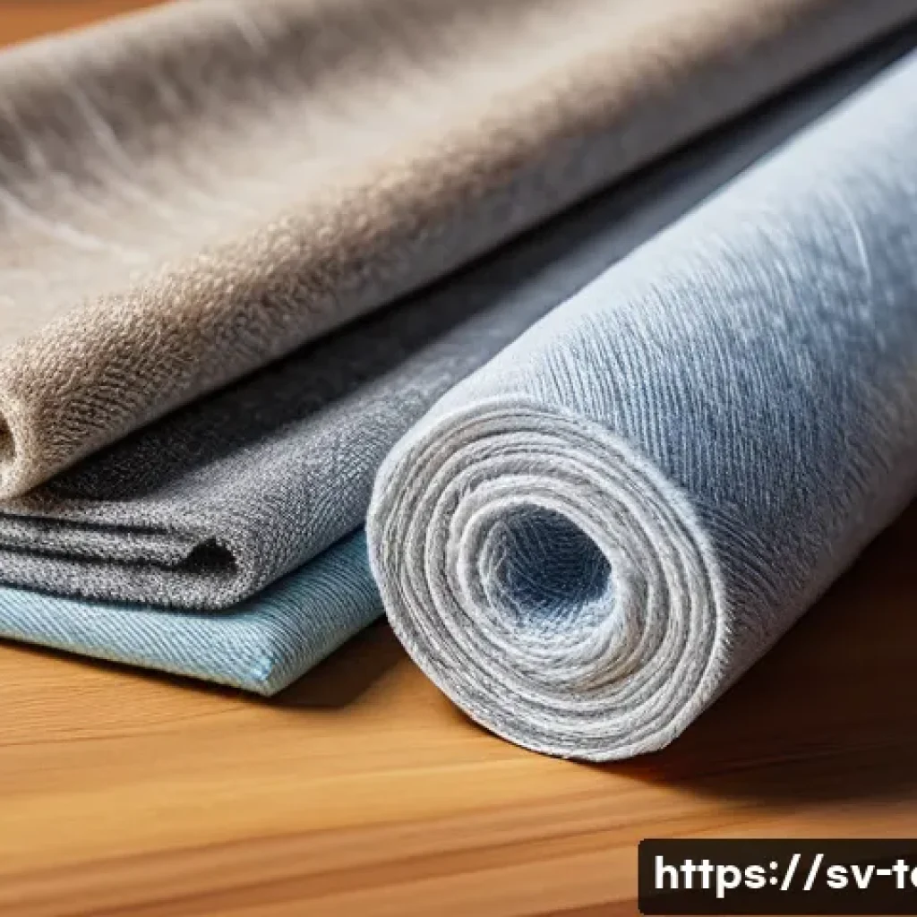 섬유기사와 필기시험의 난이도 - A detailed, realistic illustration of various textile fibers and fabrics laid out on a wooden table,...