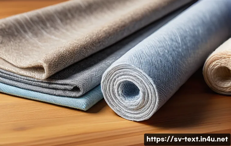 섬유기사와 필기시험의 난이도 - A detailed, realistic illustration of various textile fibers and fabrics laid out on a wooden table,...