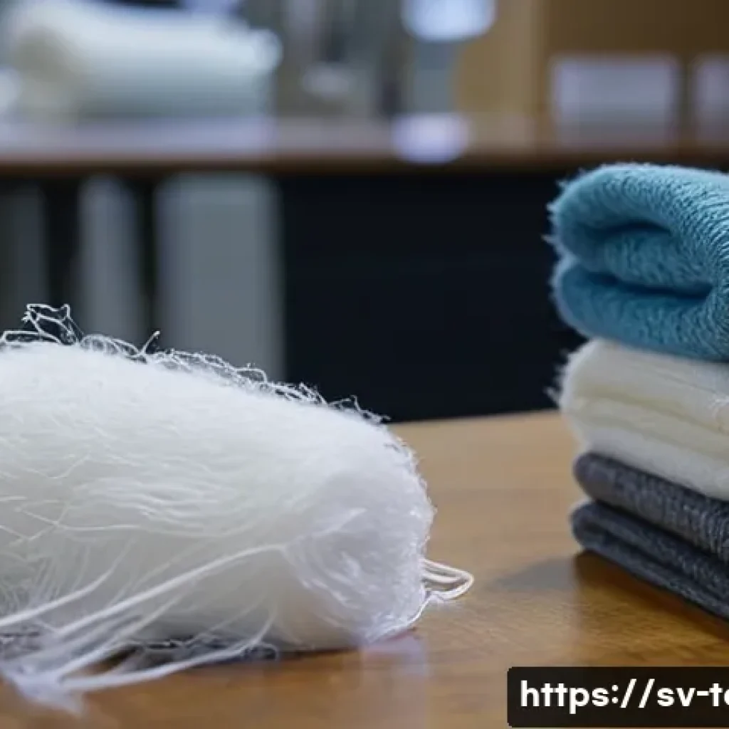 섬유기사와 시험 준비의 전략 - A detailed close-up image of various common textile fibers — cotton, polyester, wool, and linen — di...