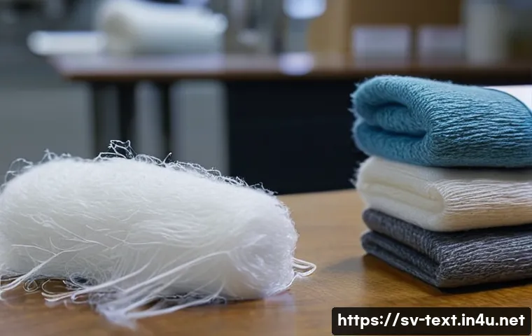 섬유기사와 시험 준비의 전략 - A detailed close-up image of various common textile fibers — cotton, polyester, wool, and linen — di...