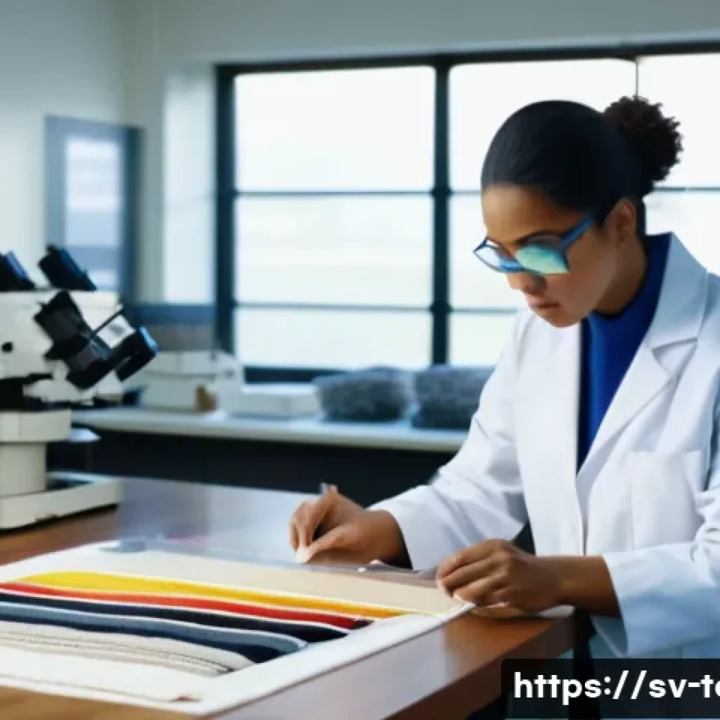 섬유기사 자격증으로 확장 가능한 직업 - A modern textile laboratory scene showing a skilled textile technician wearing a white lab coat and ...