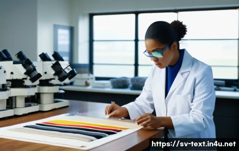 섬유기사 자격증으로 확장 가능한 직업 - A modern textile laboratory scene showing a skilled textile technician wearing a white lab coat and ...