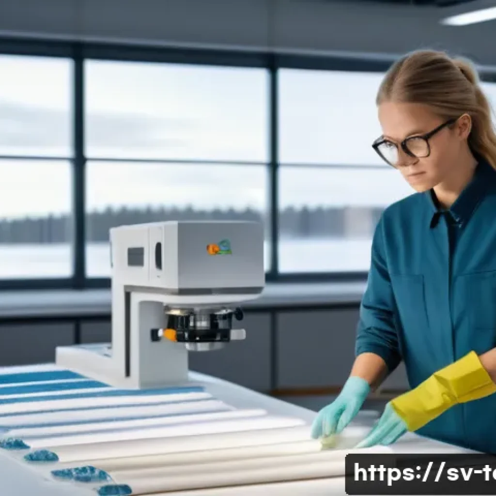 섬유기사와 관련 업계 전망 - A futuristic textile laboratory scene showcasing a Swedish textile engineer examining innovative bio...