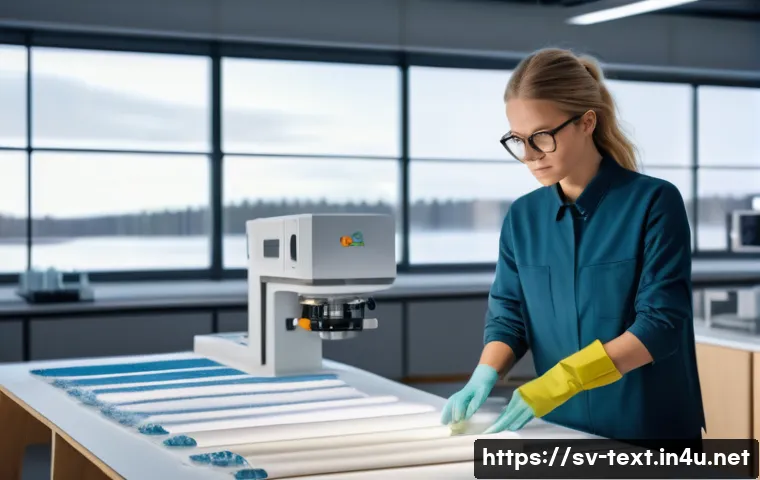 섬유기사와 관련 업계 전망 - A futuristic textile laboratory scene showcasing a Swedish textile engineer examining innovative bio...