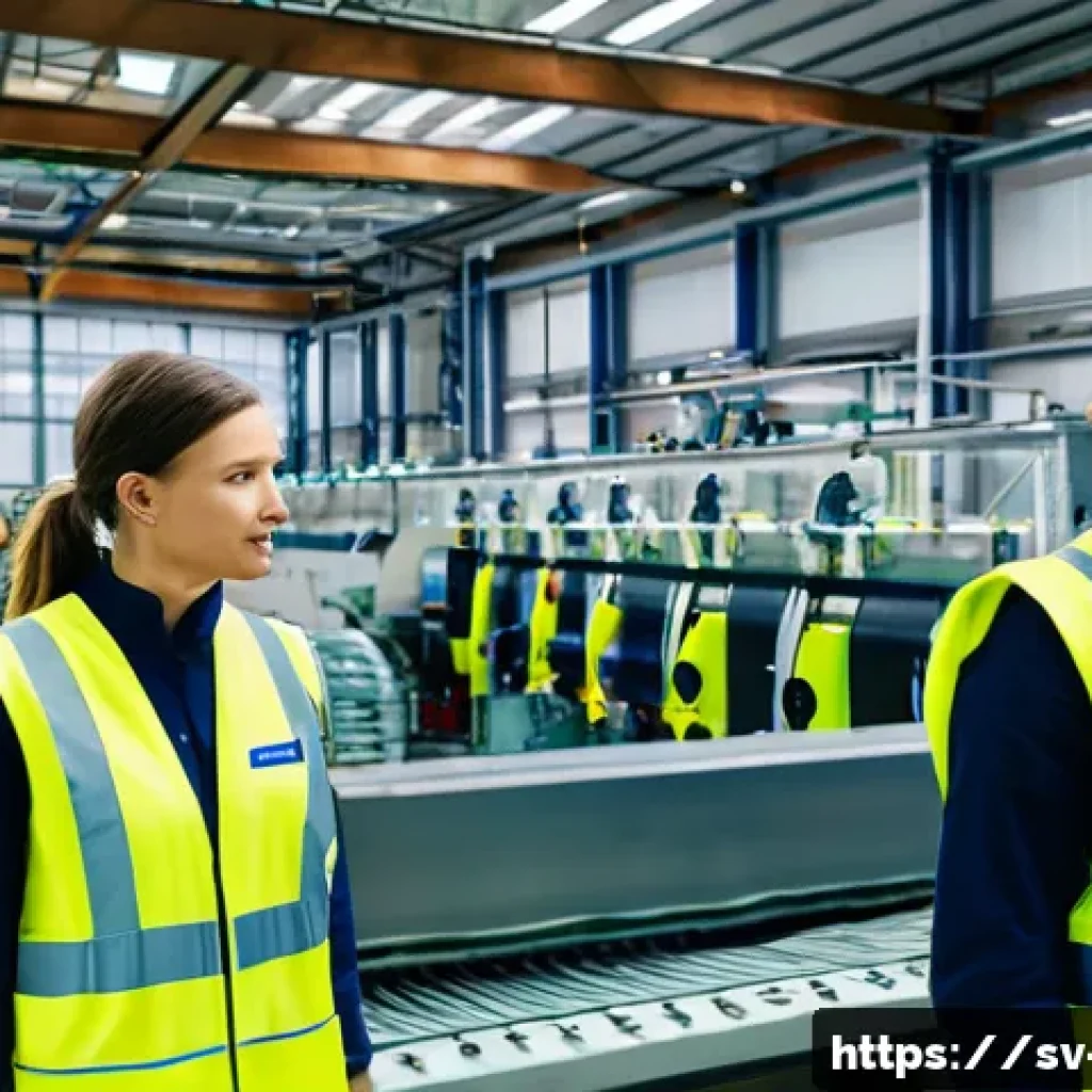 섬유기사와 자격증 취득 성공 사례 - A modern textile factory interior in Sweden with diverse young trainees wearing safety gear and prac...