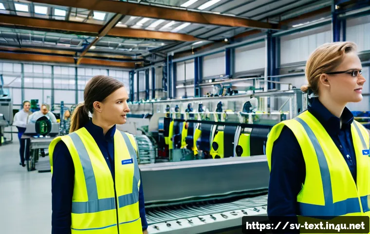 섬유기사와 자격증 취득 성공 사례 - A modern textile factory interior in Sweden with diverse young trainees wearing safety gear and prac...