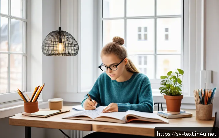 섬유기사 필기시험의 준비 전략 - A focused Swedish student studying textile technology at a cozy Scandinavian-style desk by a large w...