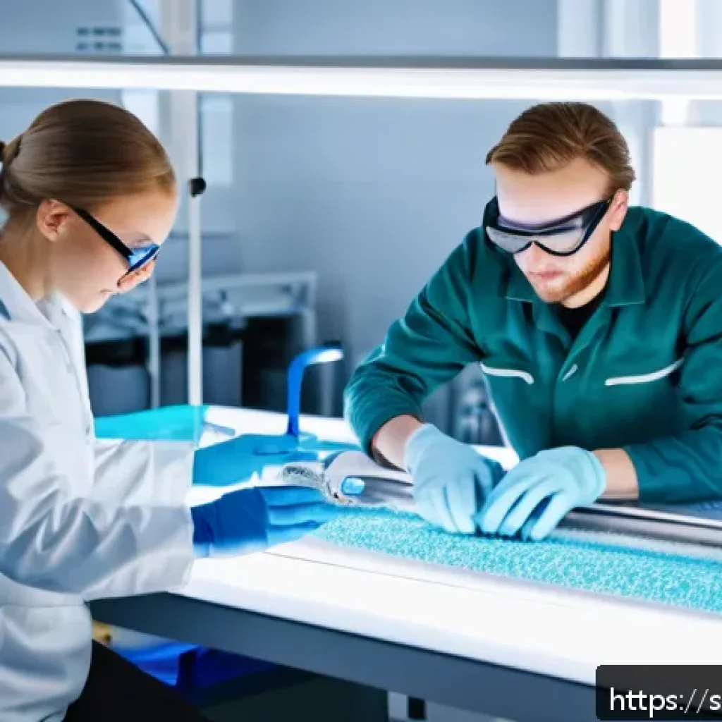 섬유기사와 직무 연관 교육 - A modern textile engineering laboratory in Sweden, featuring young adult students wearing protective...