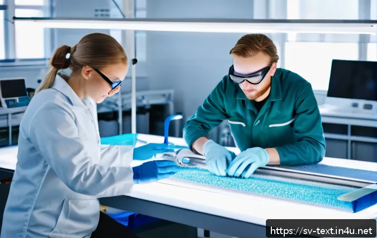 섬유기사와 직무 연관 교육 - A modern textile engineering laboratory in Sweden, featuring young adult students wearing protective...