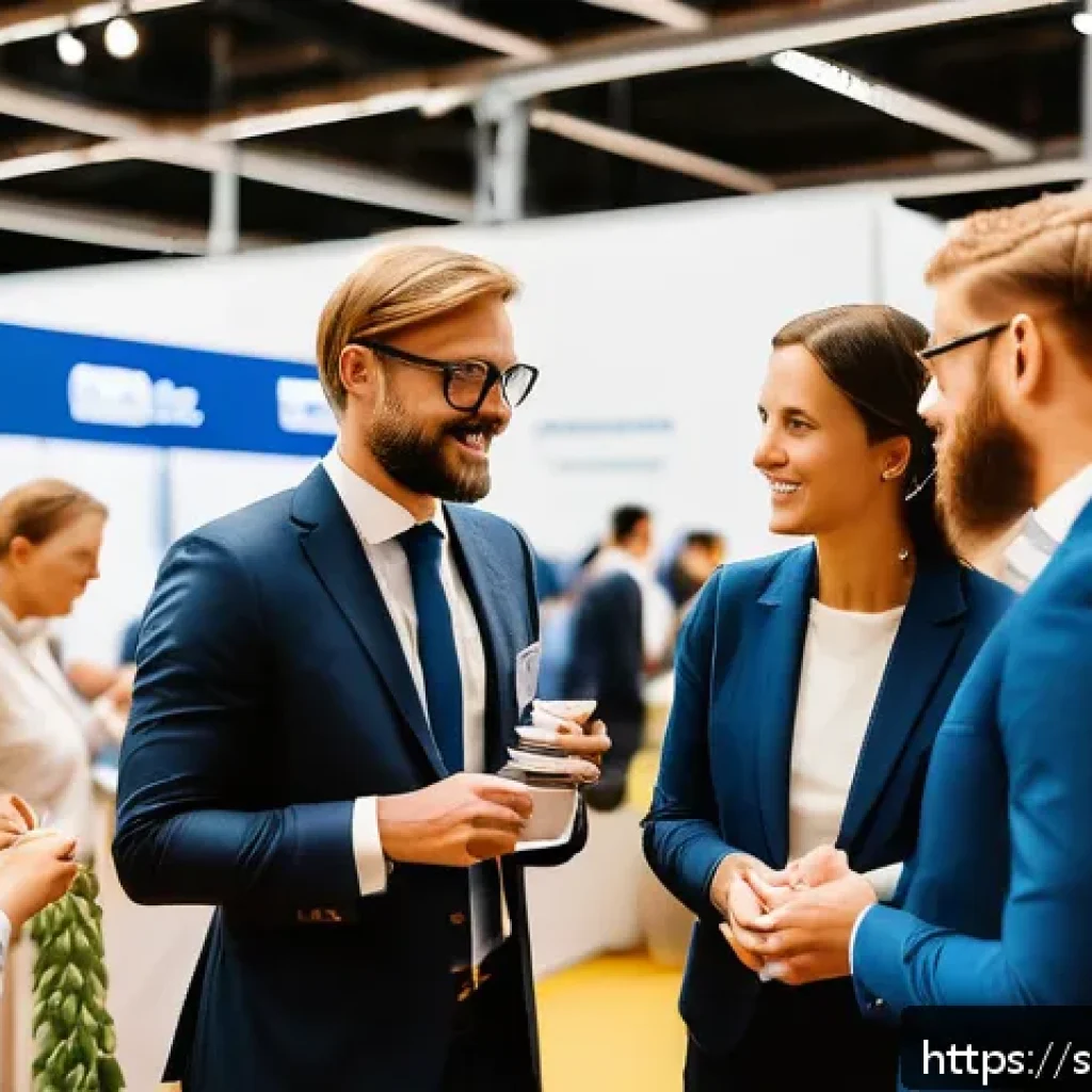 섬유기사 자격증 취득 후 커리어 패스 - A professional networking event at a Swedish textile industry trade fair, featuring well-dressed bus...