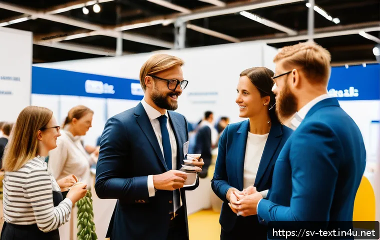 섬유기사 자격증 취득 후 커리어 패스 - A professional networking event at a Swedish textile industry trade fair, featuring well-dressed bus...