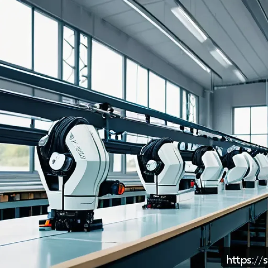 섬유기사와 업계 주요 기술 - A modern textile factory interior in Sweden showcasing advanced automation: sleek industrial robots ...