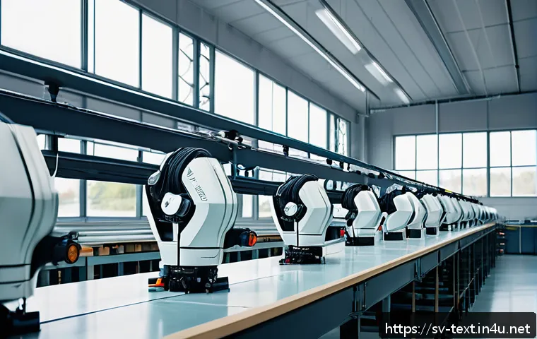 섬유기사와 업계 주요 기술 - A modern textile factory interior in Sweden showcasing advanced automation: sleek industrial robots ...