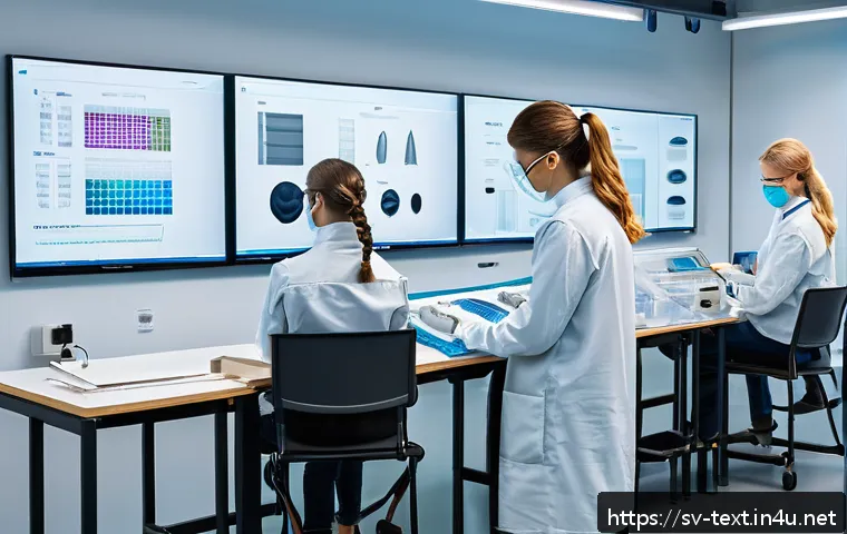 섬유기사 시험 후기와 꿀팁 - A detailed classroom scene in a Swedish textile engineering university, showing students in a modern...