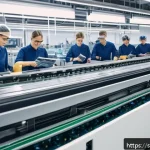 Home 23 섬유기사와 직업의 안정성 - A modern Swedish textile factory interior featuring advanced automation and robotics, with sleek ind...