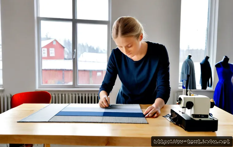 Home 17 섬유기사와 패션업계 연계성 - Photorealistic Swedish textile engineer in a bright Scandinavian material lab, closely examining dur...