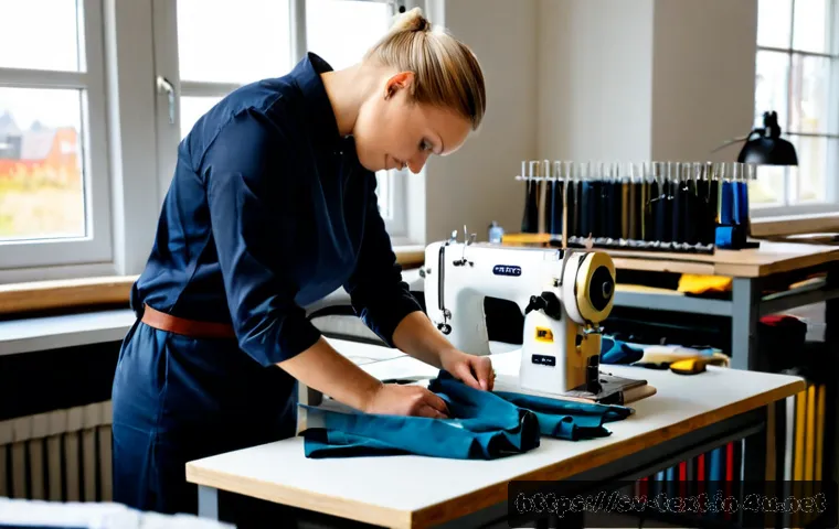 Home 17 섬유기사 실기시험 대비 방법 - Photorealistic Swedish textile workshop exam preparation scene, focused adult trainee wearing practi...